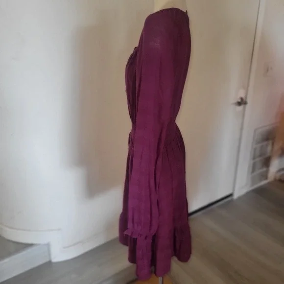 Idyllwind Womens Smock Long‎ Sleeve Mini Dress Burgundy Lace Up Tassels Boho M - Picture 4 of 8